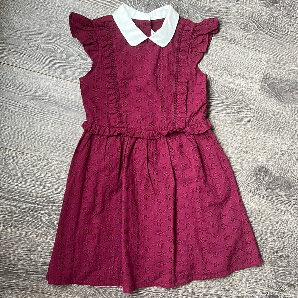 Janie and Jack Girls 7 Maroon Collar Eyelet Dress Peter Pan style